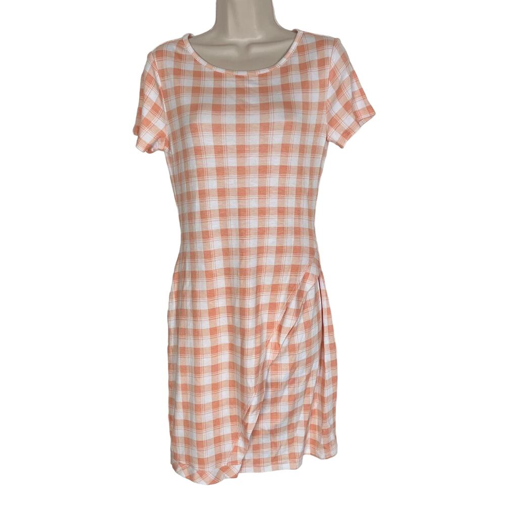 41 Hawthorn Women's Sheath Dress Large Short Sleeve Orange and White Plaid